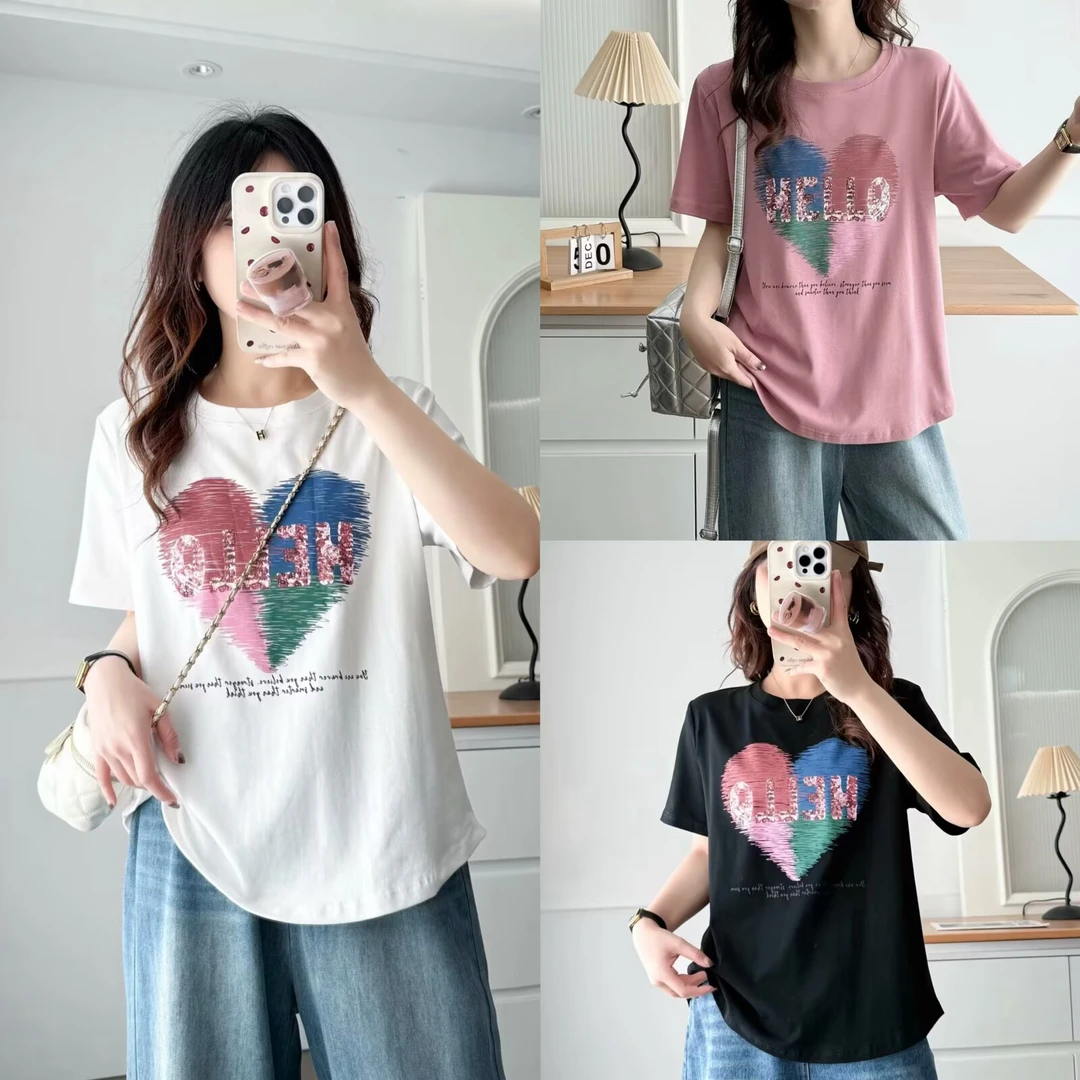 JIANAOBEN/简澳本大码洋气显瘦宽松百搭爱心印花短袖T恤圆领上衣