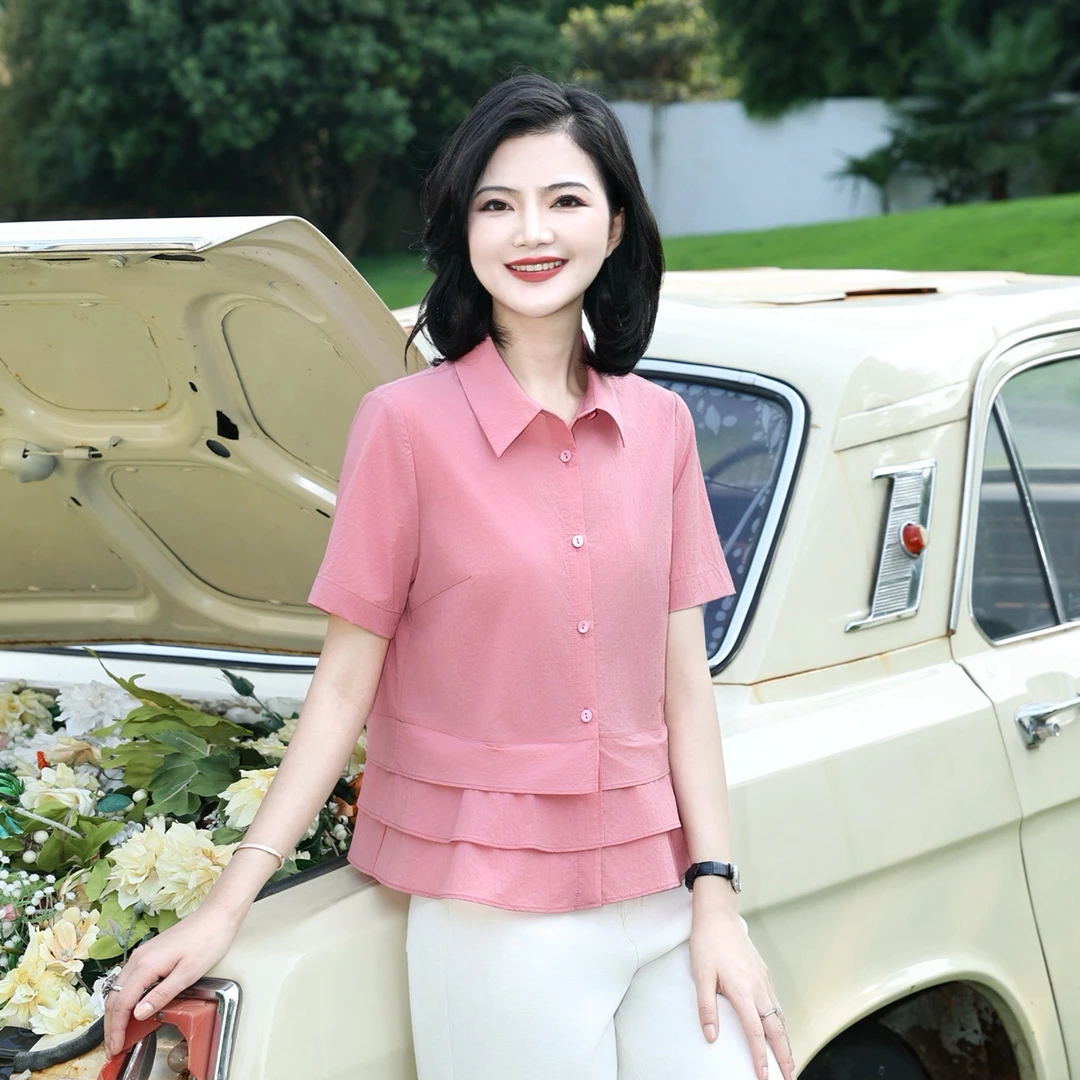 枫竺阿楠anan纯色荷叶边翻领单排扣短袖衬衣女夏新款百搭衬衫上衣