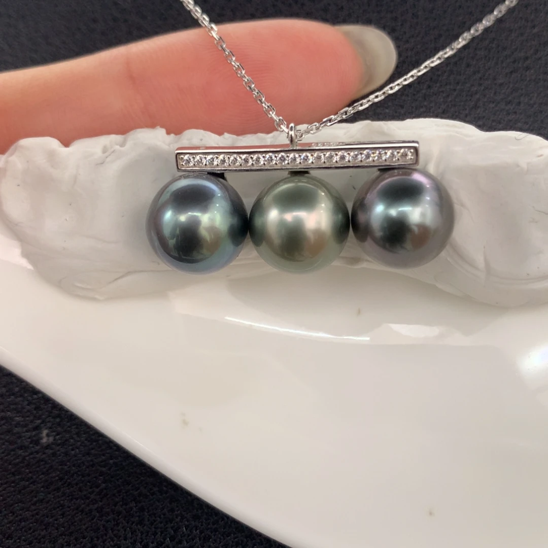 定制海水珍珠银S925镶嵌吊坠(赠链)9-10mm三色大溪地裸珠三颗