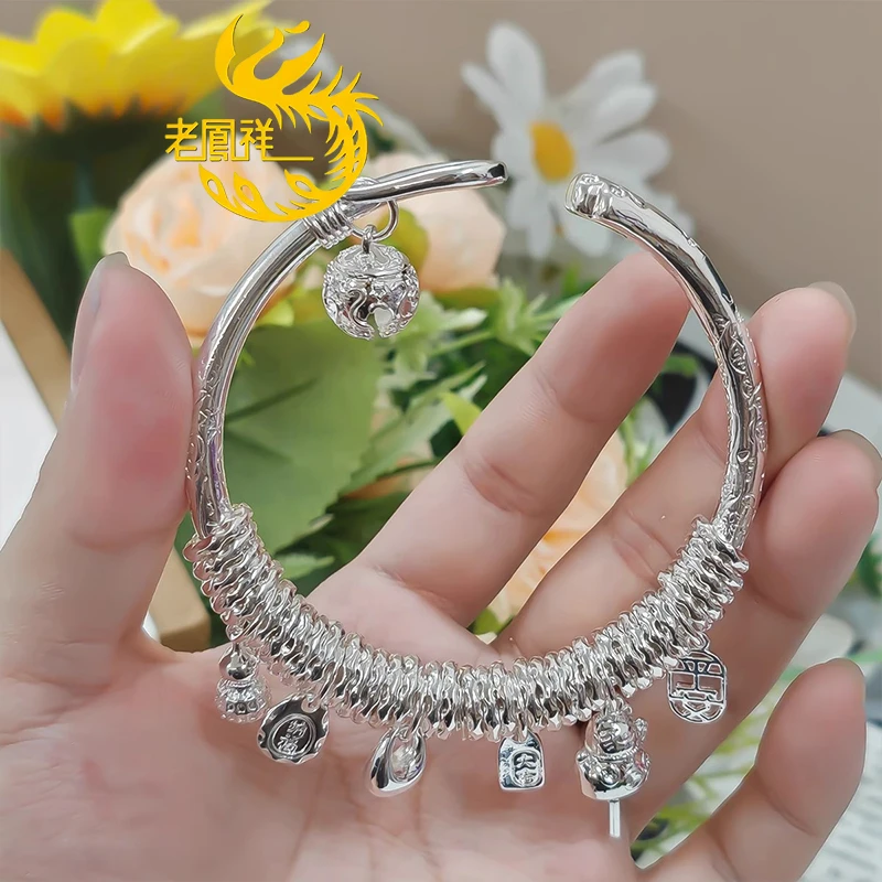 老凰祥足银999猫爪吉言盘缠手镯平安锁铃铛银镯子送女友生日礼物