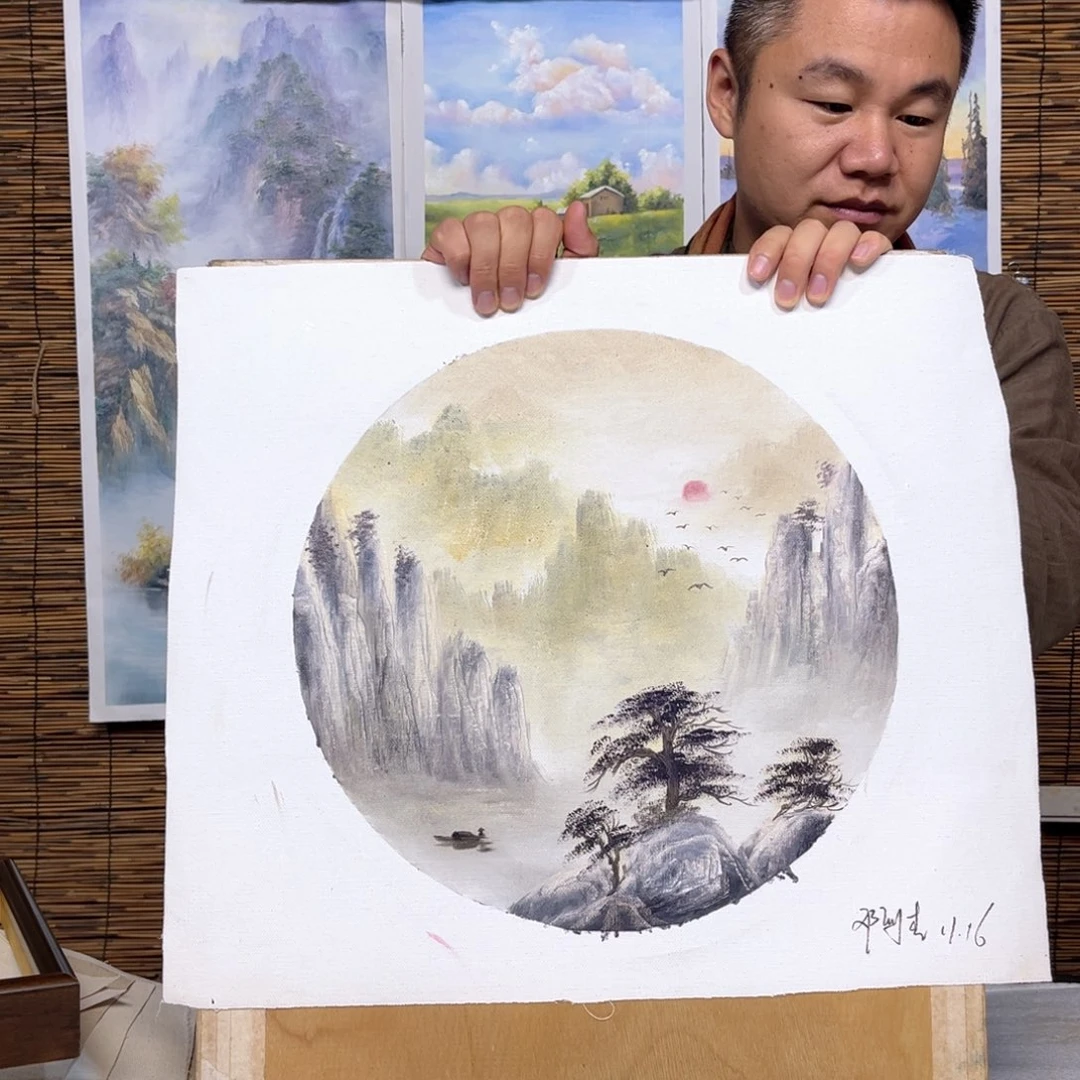 油画行路人小院绘画作品竞拍