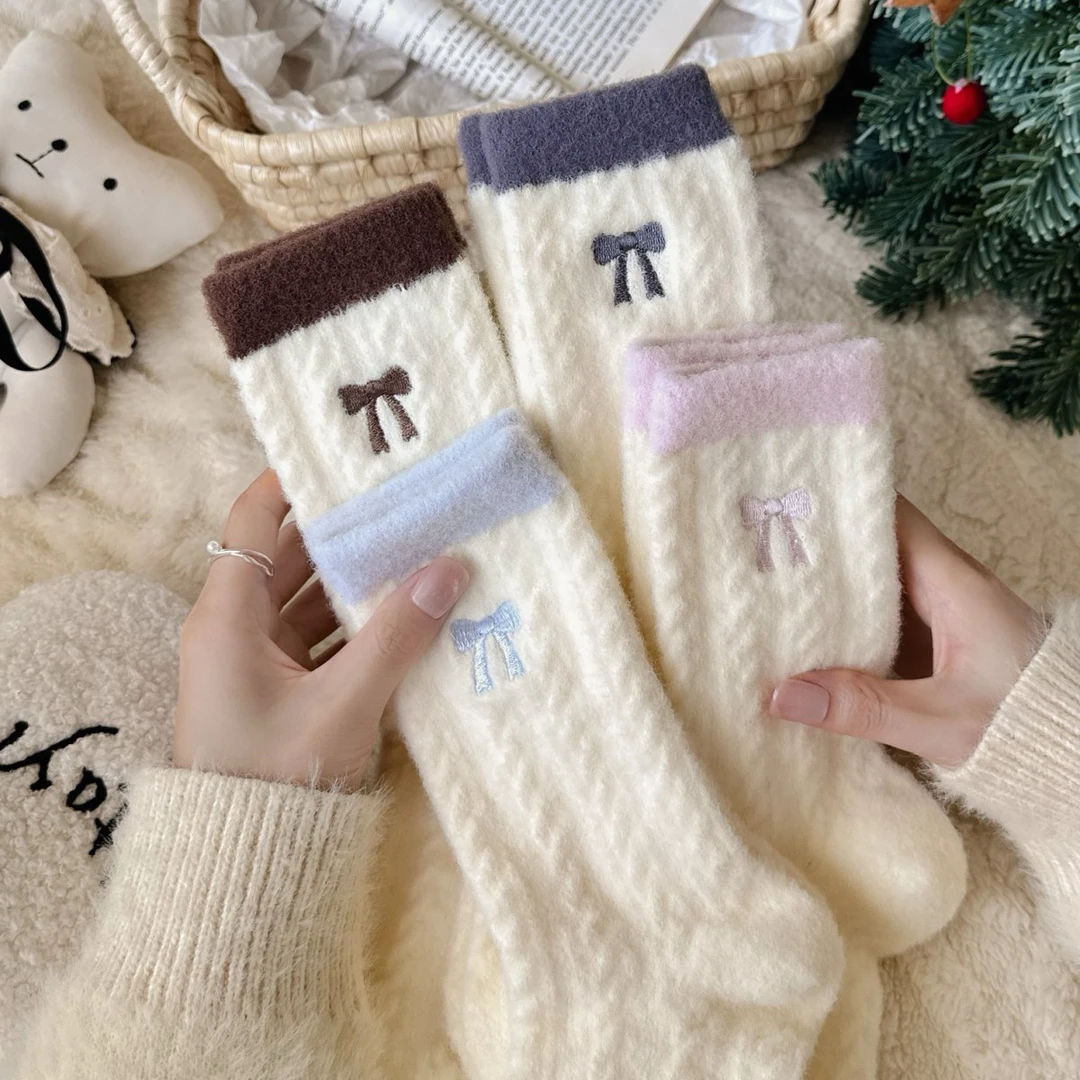 澳绒袜子女款秋冬季加厚加绒保暖中筒袜2025新款可爱蝴蝶结长筒袜