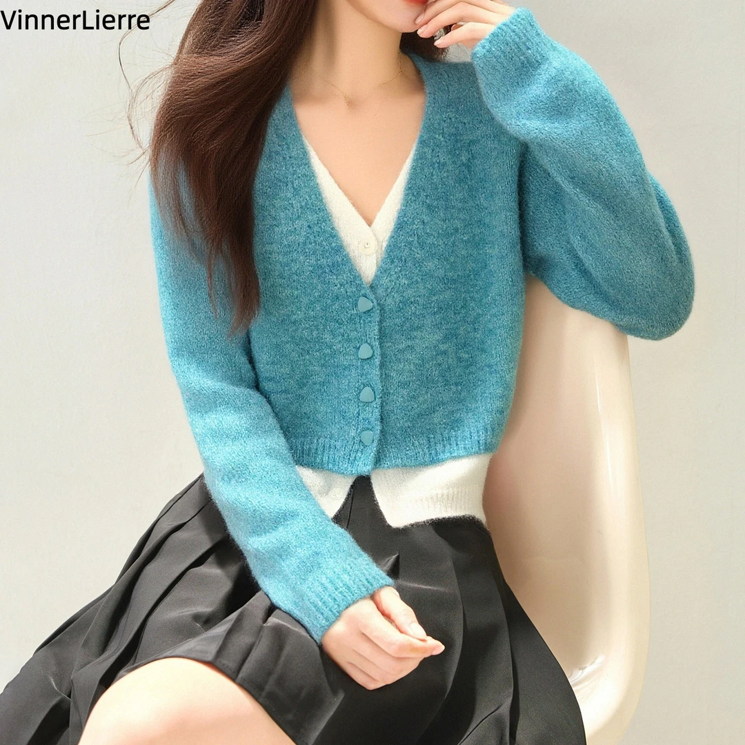 薇妮诺日系假两件撞色复古外套女新款洋气慵懒风宽松外搭针织开衫