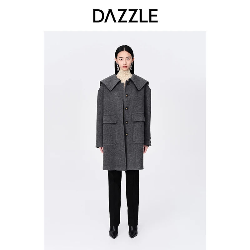 DAZZLE地素女款翻领廓形中长女款毛呢衣2E4G305