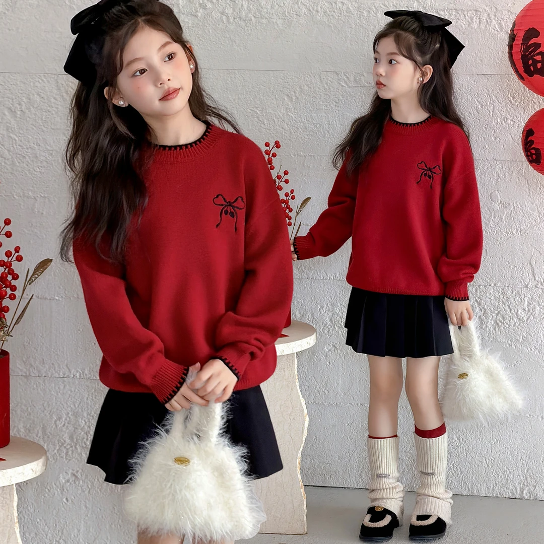 女童超好看红色毛衣冬季2025新款儿童加厚毛线衣女大童本命年衣服