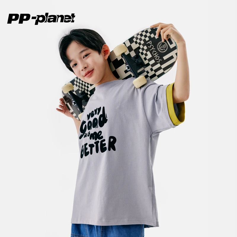 PP星球男童短袖T恤夏季宽松2025新款儿童字母休闲百搭中大童体恤
