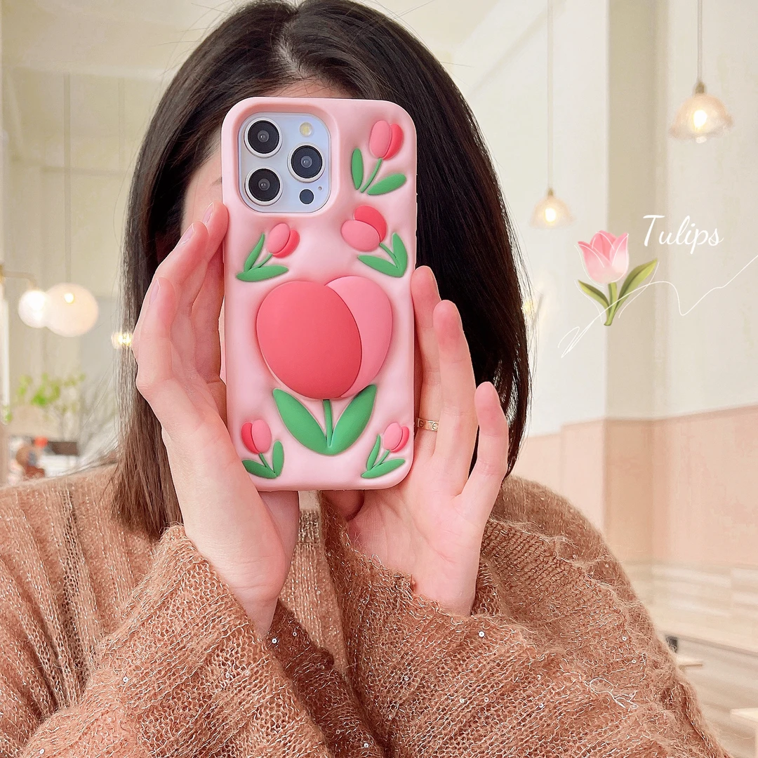 苹果|郁金香支架卡通适用iPhone16女款15pro立体ins软硅胶手机壳