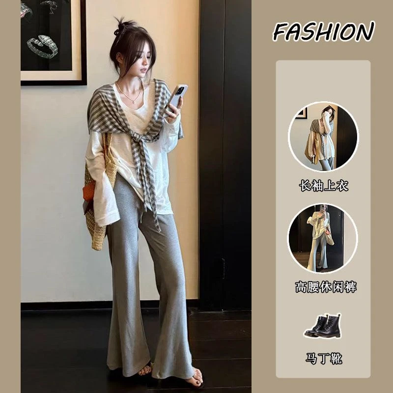 老钱风松弛感女装贵气K纯欲风辣妹套装女2025春夏长袖T恤上衣条纹