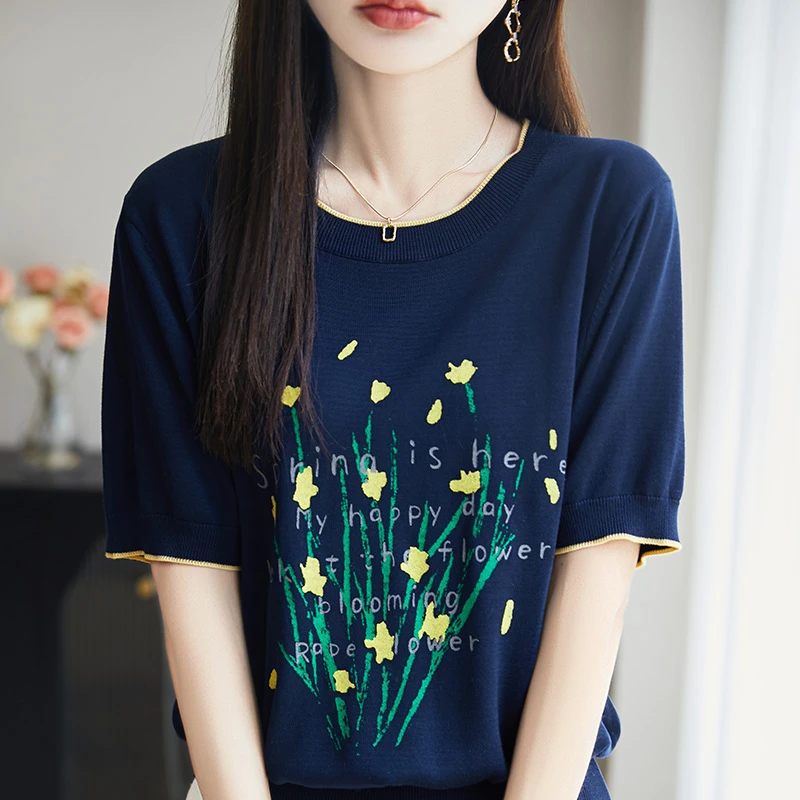 2025夏季新款薄款透气圆领冰丝质感针织短袖女宽松显瘦t恤上衣