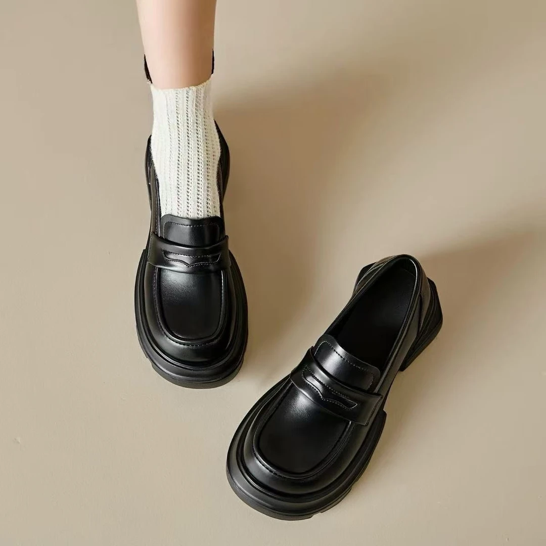 YG乐福鞋一脚蹬2025四季包头女增高网红圆头百搭厚底英伦风jk鞋A