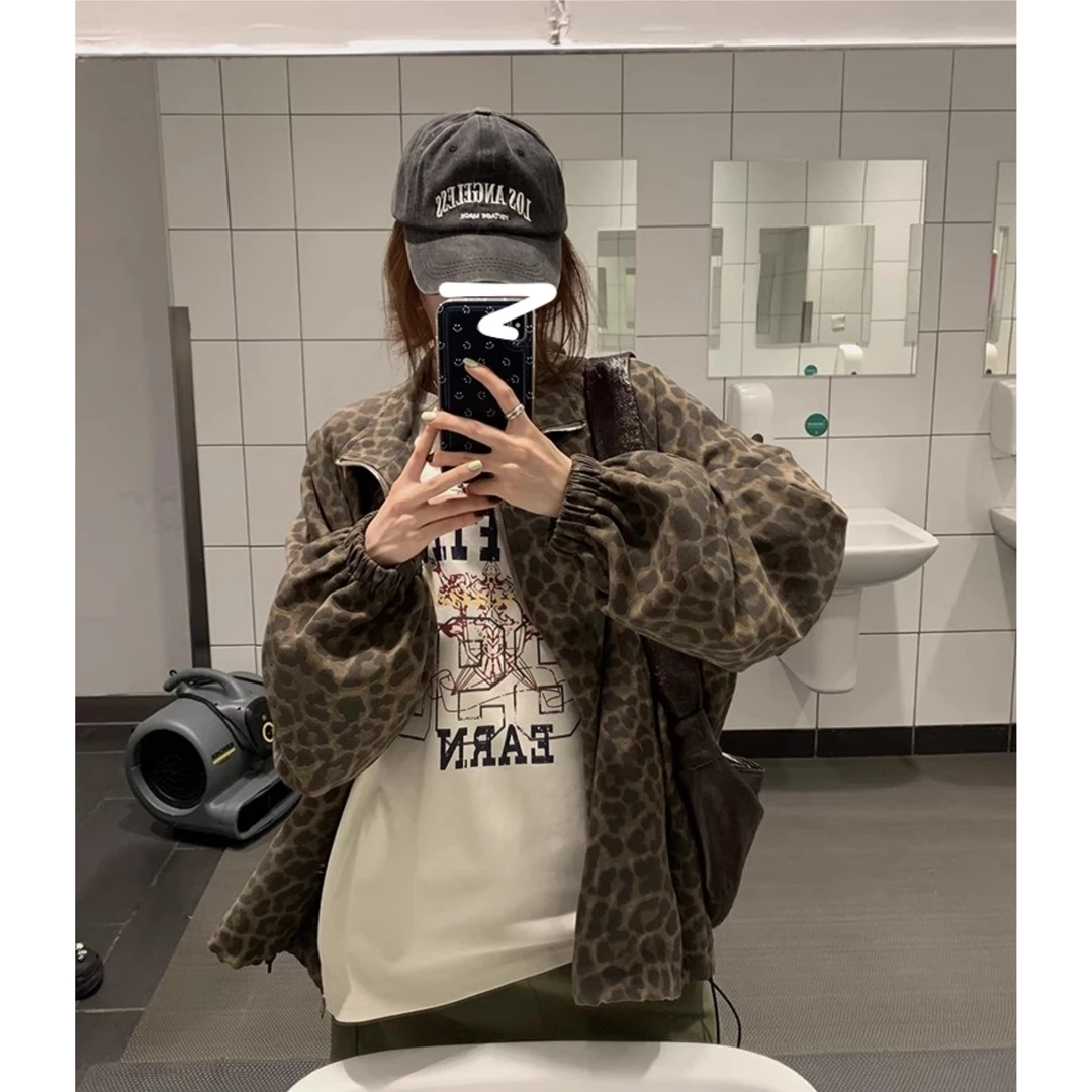 豹纹外套早秋复古港风小众宽松百搭抽绳拉链设计BF夹克女kk-08579