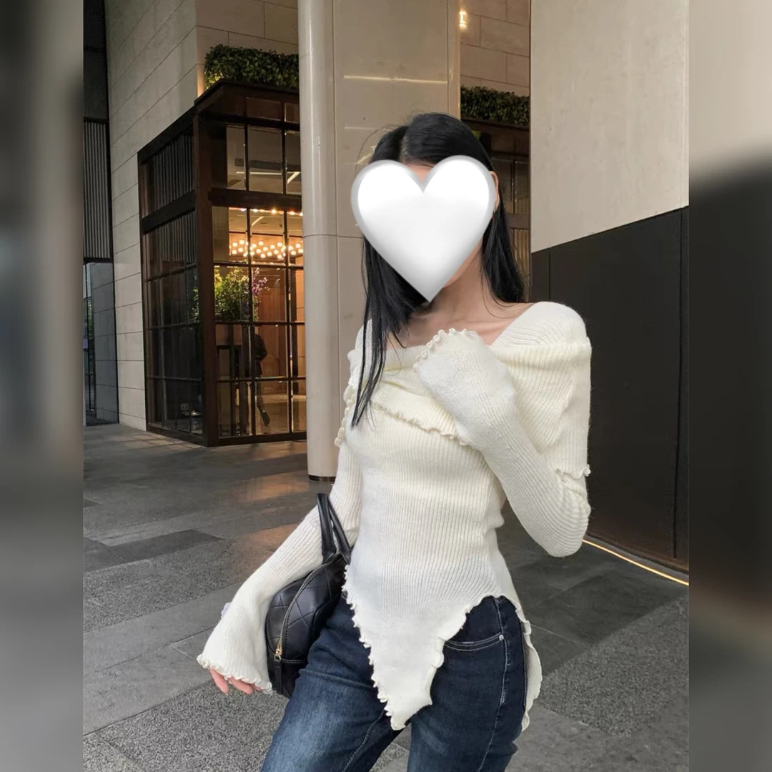 59121 韩系气质木耳边立体花朵一字肩修身针织打底毛衣