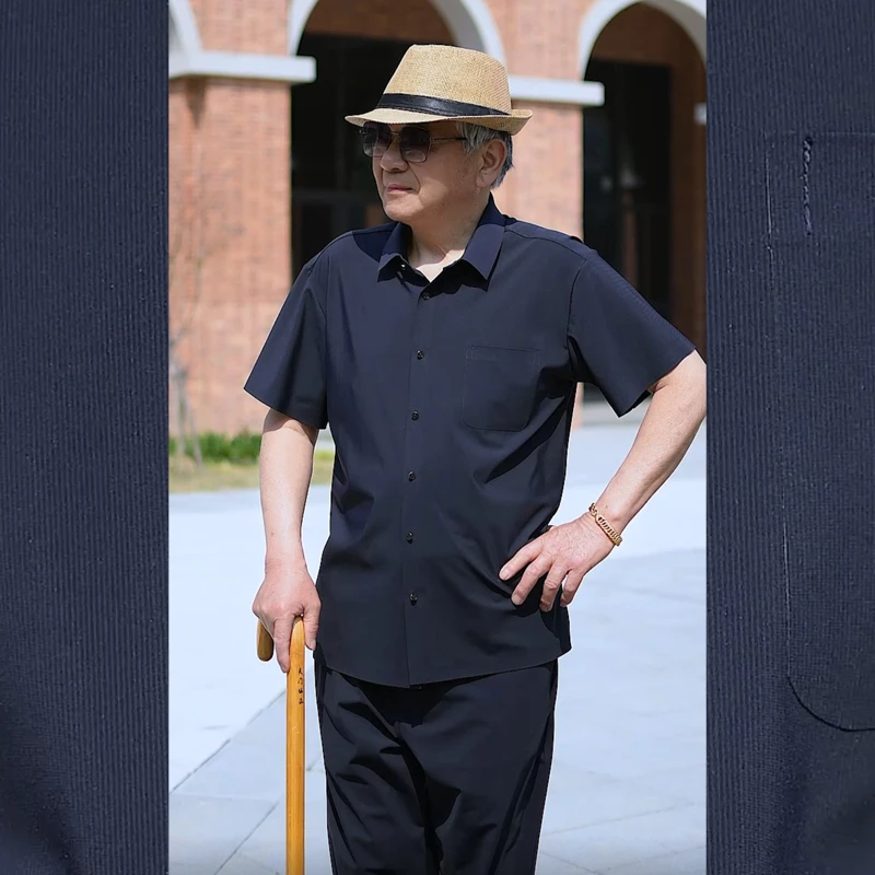 弹力冰丝套装中老年男装夏季薄款爸爸装两件套短袖长裤老人爷爷装