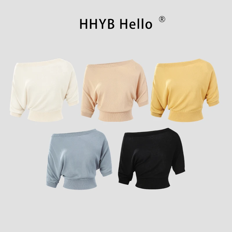 HHYB Hello设计感蝙蝠袖一字领斜肩针织T恤女夏打底小衫M1380
