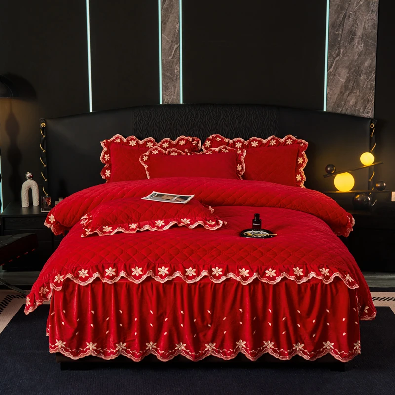 鑫」高货新款宝宝绒床裙款四件套刺绣床裙花边婚庆绣花夹棉加厚