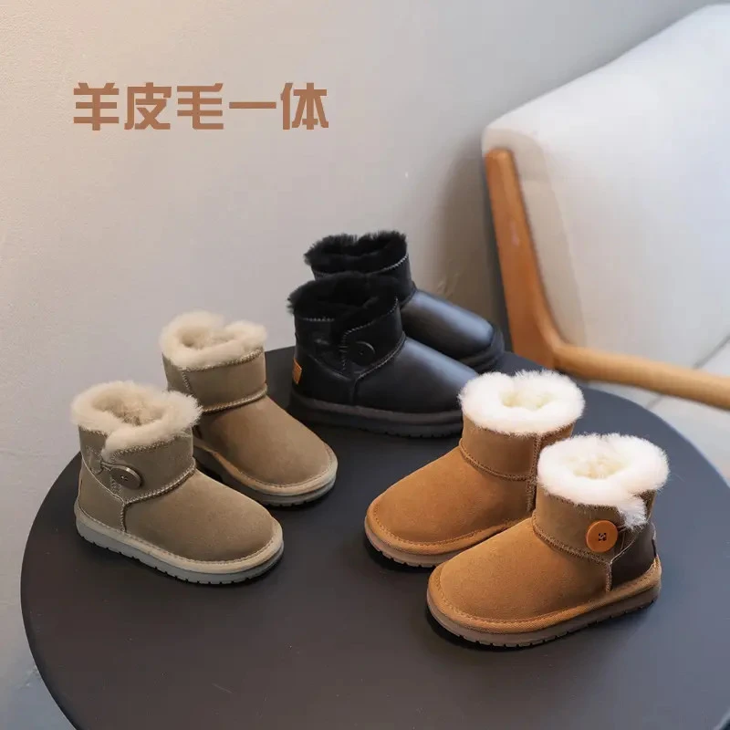 儿童雪地靴羊皮毛一体冬季女童棉鞋加绒冬小孩雪地靴女款厚底