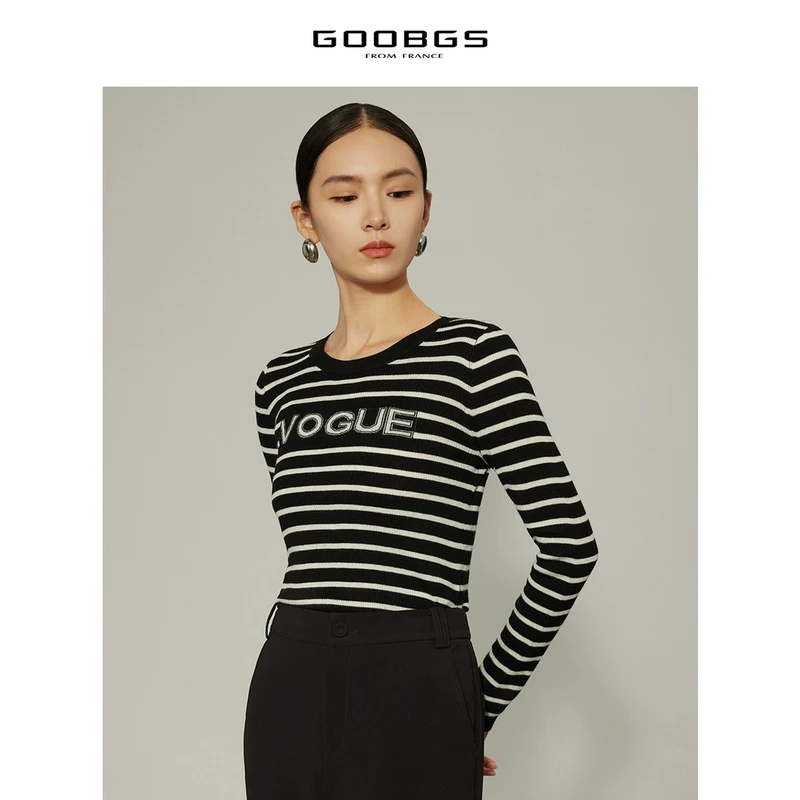 谷邦GOOBGS 圆领黑白条字母Logo长袖毛衫  G2371735