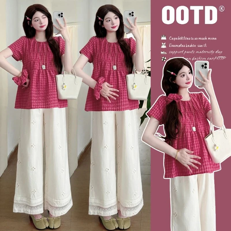 时髦孕妇上衣2025新款树莓红夏季格子娃娃衫遮肚子不显怀夏装套装