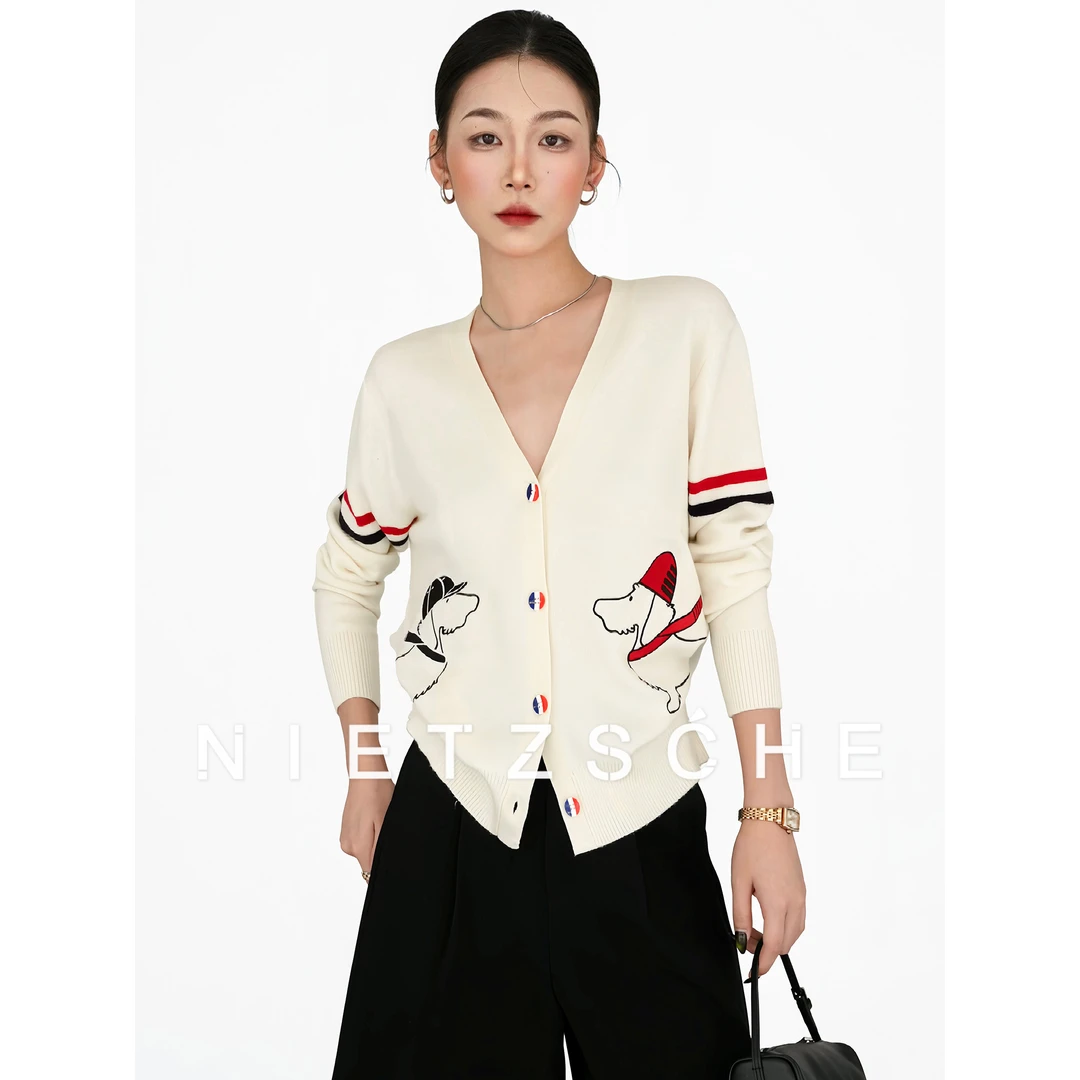 尼采 官方直营｜刺绣小狗｜1oo%澳羊毛 设计感显瘦时尚针织衫25261