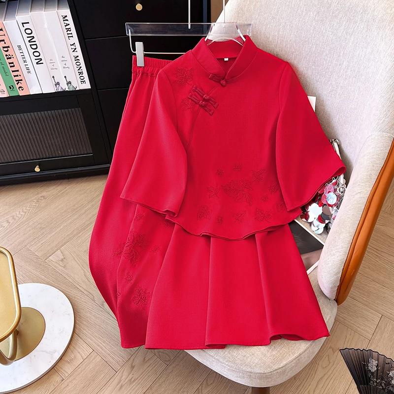大红套装复古显瘦唐装中式喜庆小个子旗袍气质新国风裙子两件套
