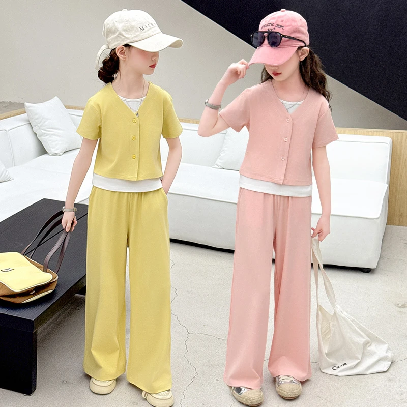 女童短袖套装夏季薄2025新款儿童假两件T恤糯米阔腿裤运动两件套