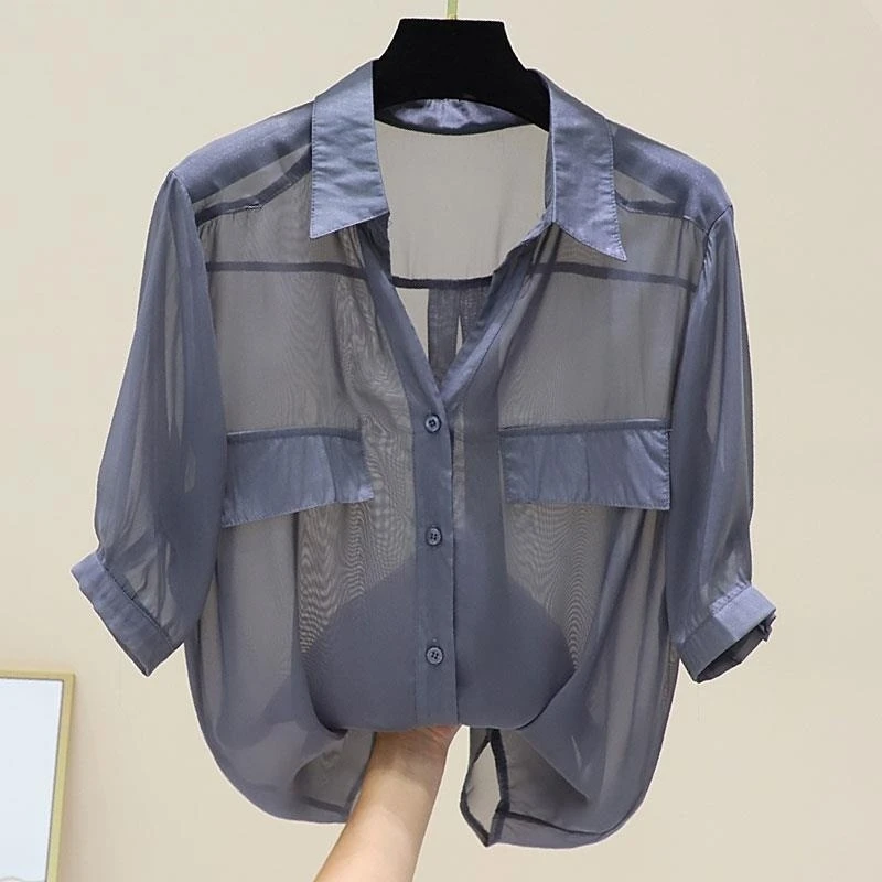 上衣夏设计感小众小心机衬衫短袖防晒锁骨小衫雪纺女微透洋气