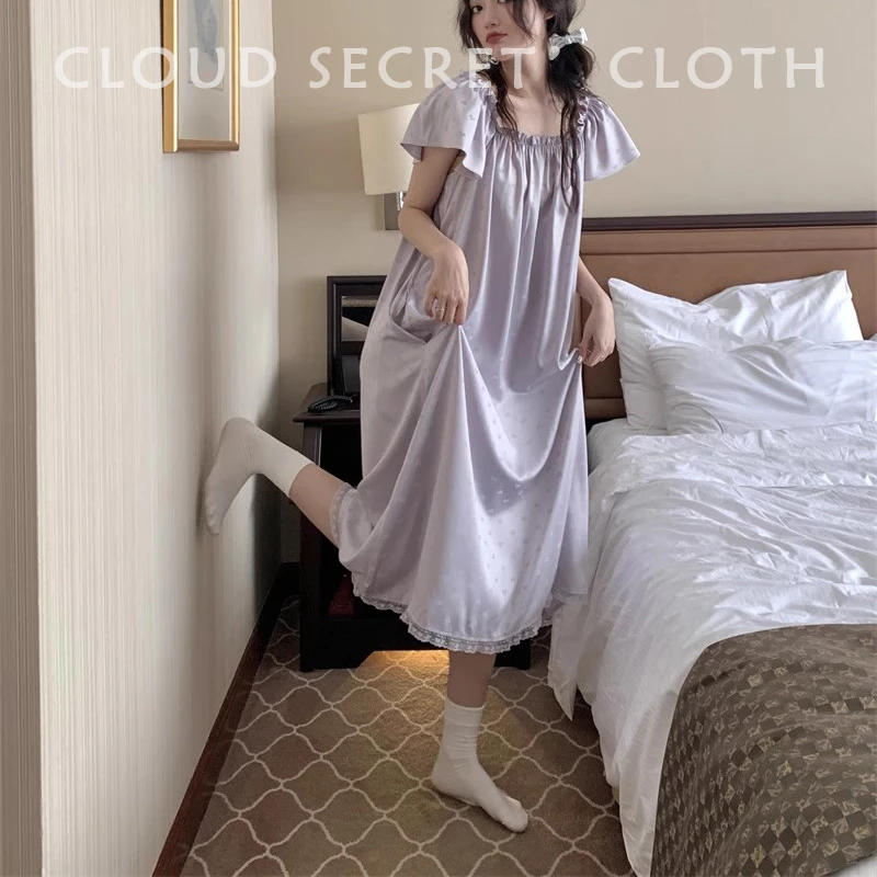 2025新款冰丝睡裙女新款宽松短袖连衣裙褶皱印花外穿孕妇家居服