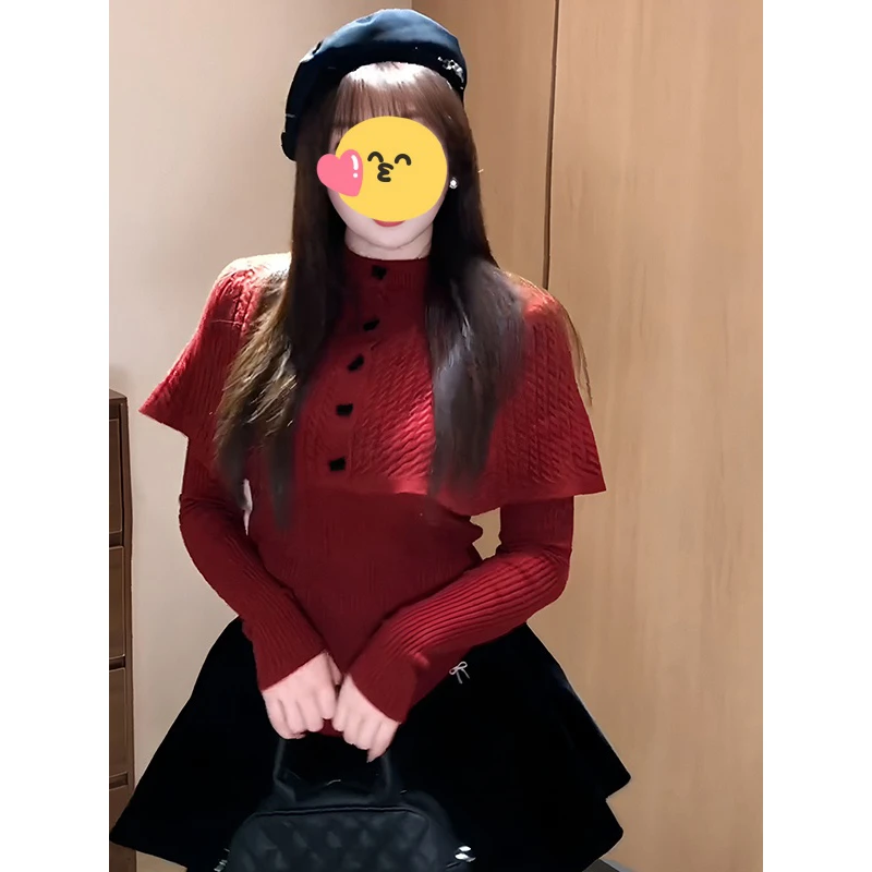 大码法式复古红港风半高领毛衣女2025秋冬多纽扣针织洋气打底上衣