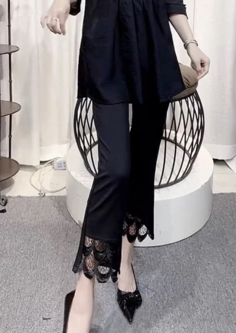 九分微喇裤子女夏季薄款新款宽松百搭大码胖mm蕾丝镂空休闲喇叭裤