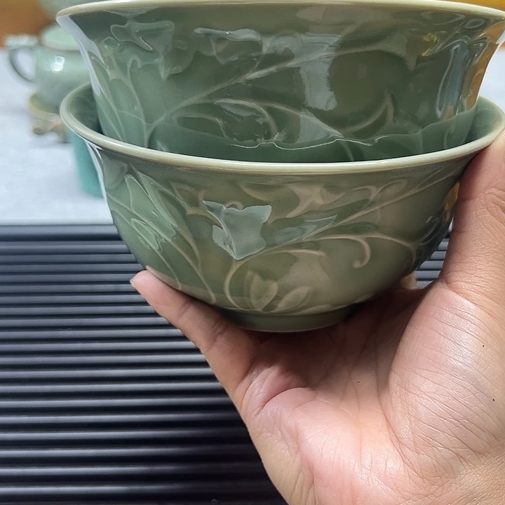耀州窑青釉玉兰碗2只微微瑕