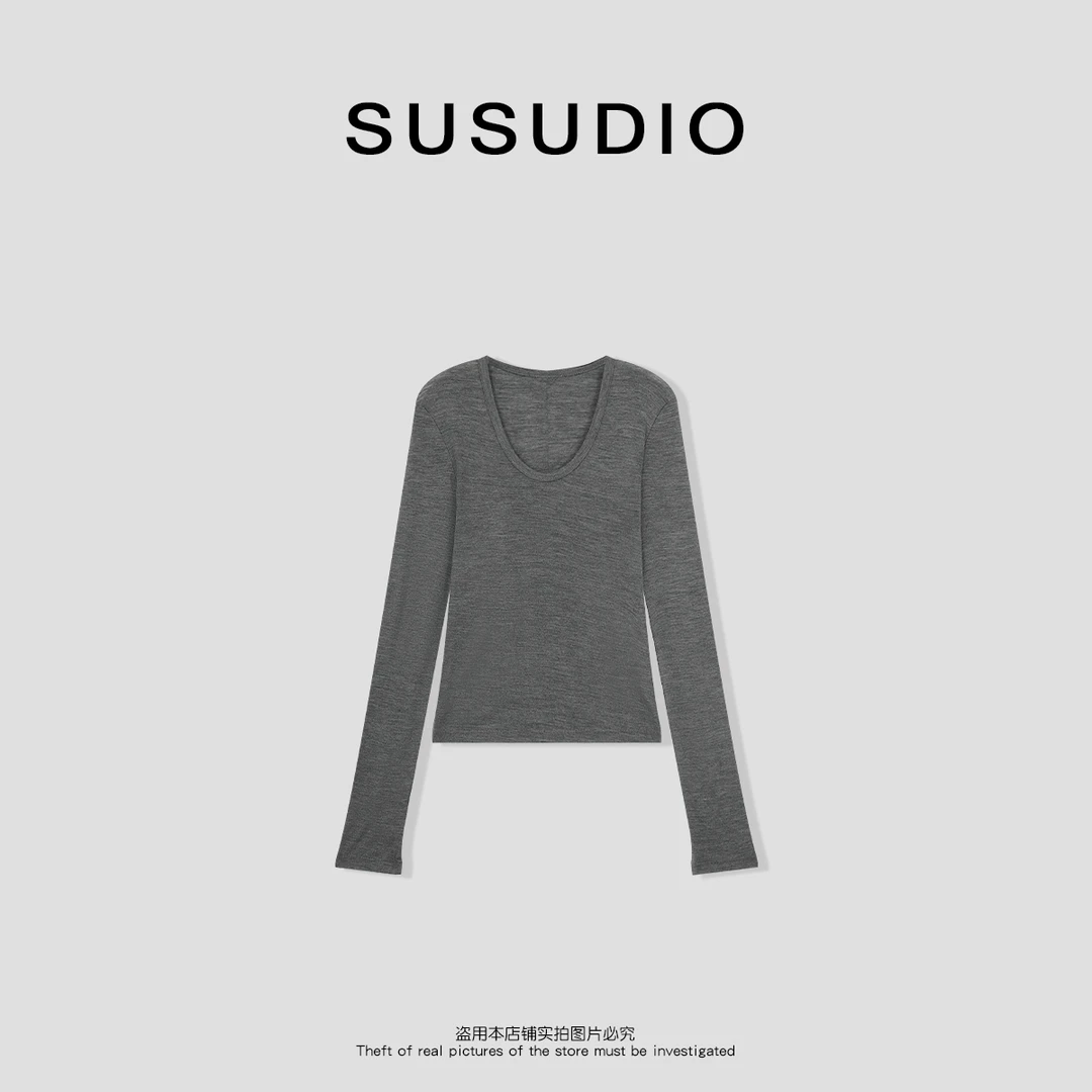 SUSUDIO 实穿主义 50羊毛春款大U领设计纯色长袖T恤 10020
