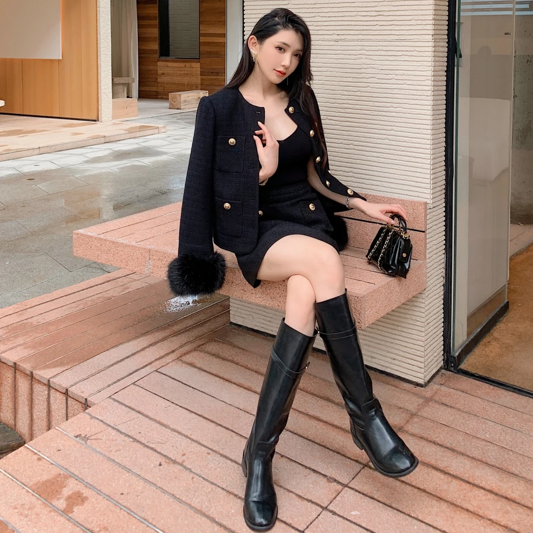 2025年新款女装毛毛长袖黑色粗花呢小香风外套高腰半身裙两件套装