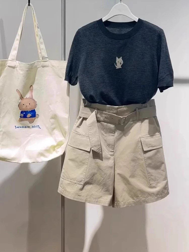 2025新款超火夏装一整套韩系巨好看小狗短袖上衣工装短裤两件套装