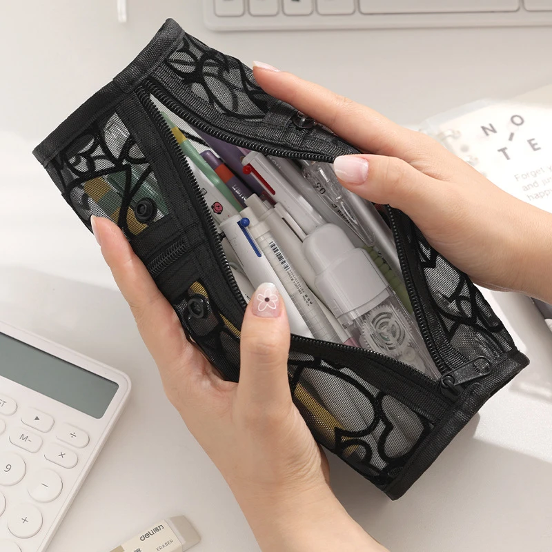 新品网纱手拿笔袋便携收纳袋大容量圆筒化妆刷笔袋多功能学生少女