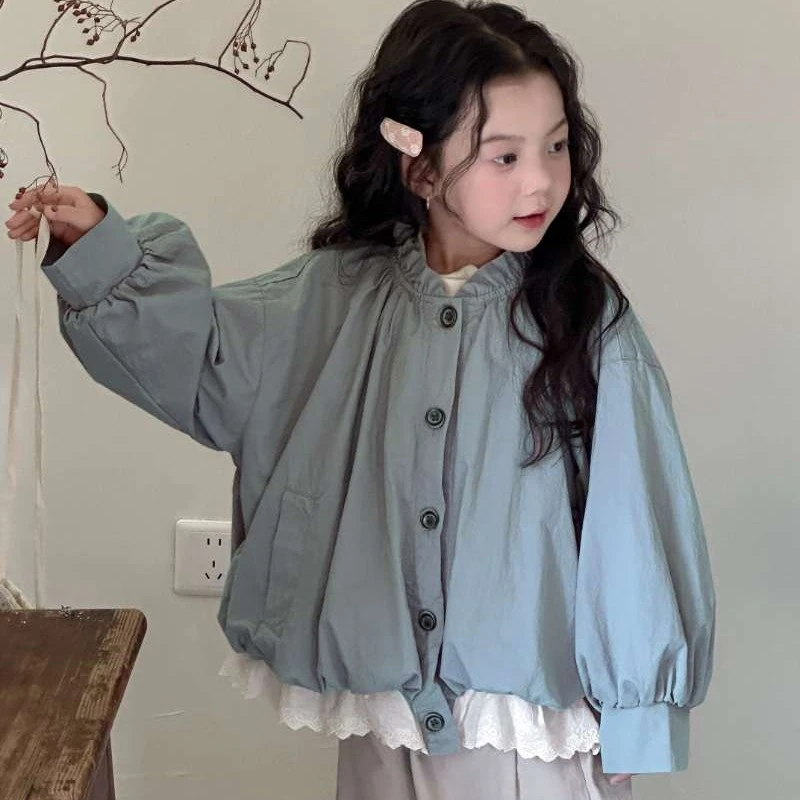现货！女童秋装2025秋季新款儿童韩系设计感小众花苞女童花边风衣