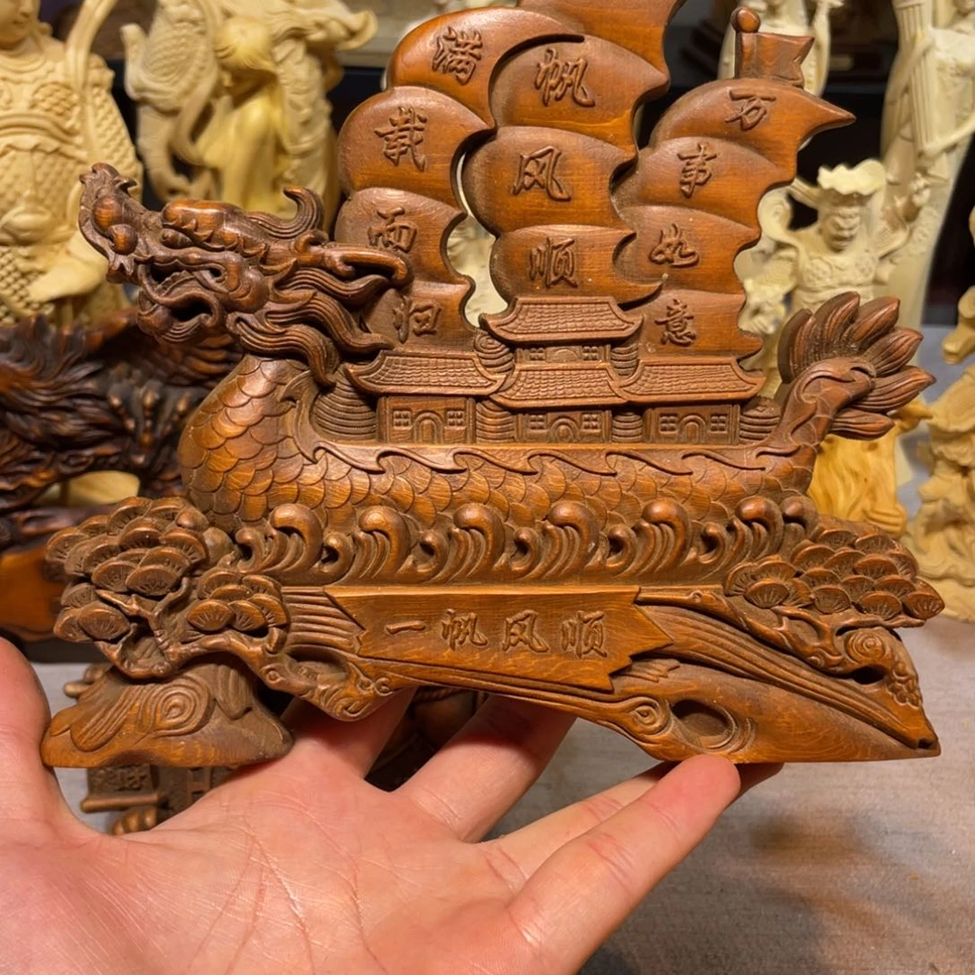 黄杨木老物件龙舟图