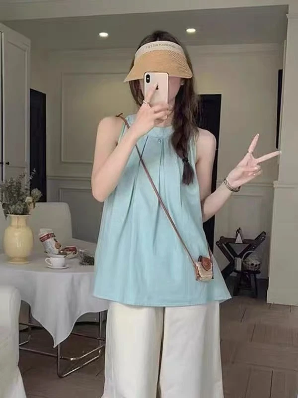 孕妇装上衣2025年夏季百搭韩版时尚绿色背心无袖娃娃衫小个子夏