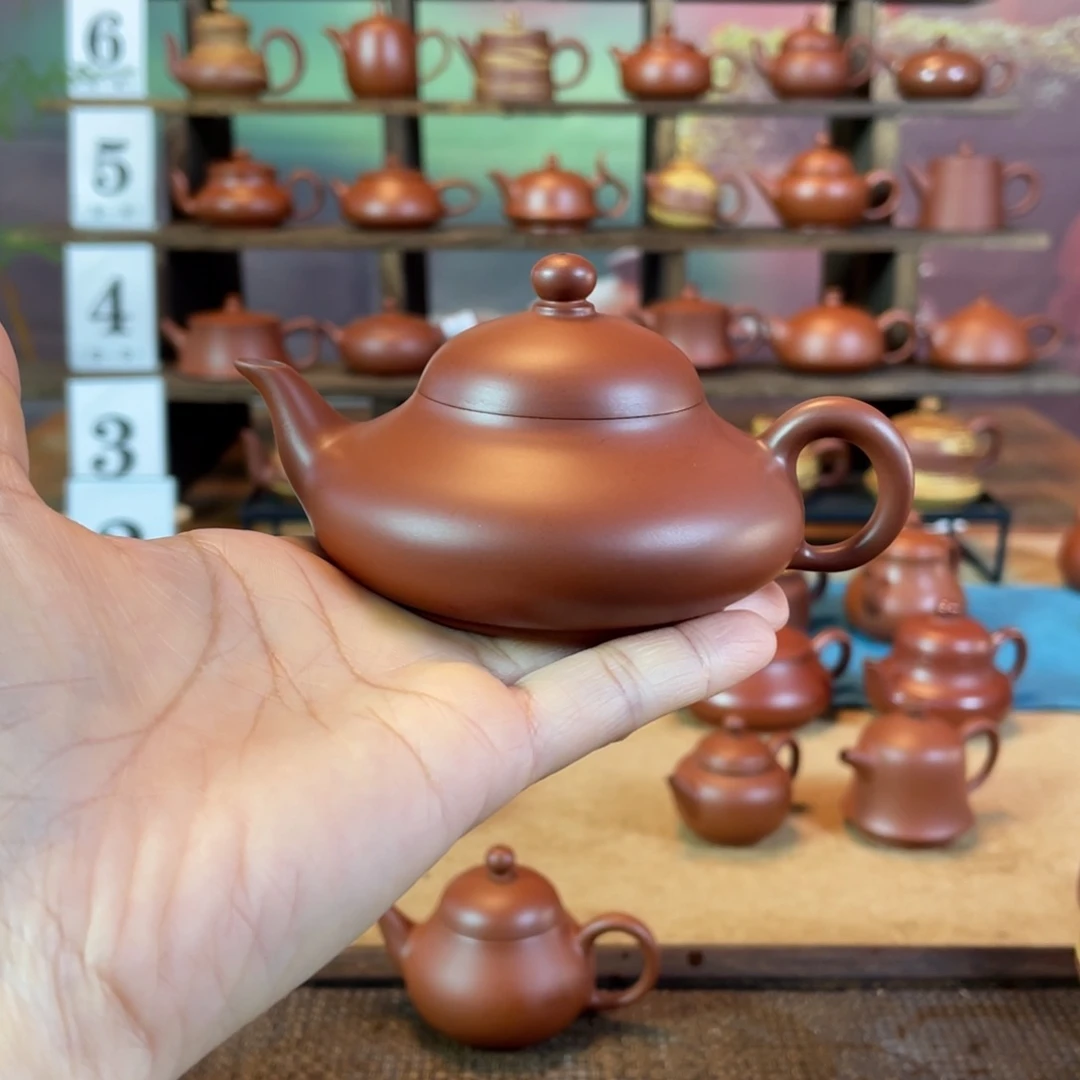 茶壶紫砂鱼**尖潮州手工手拉朱泥扁梨壶