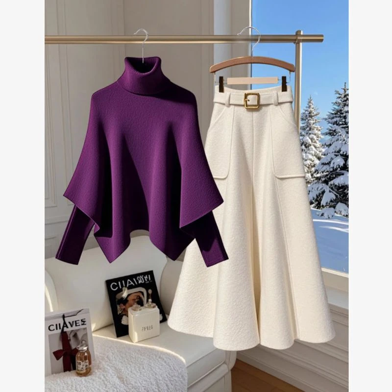 冬季穿搭女2025新款时尚高级感高领斗篷针织毛衣半身裙两件套装