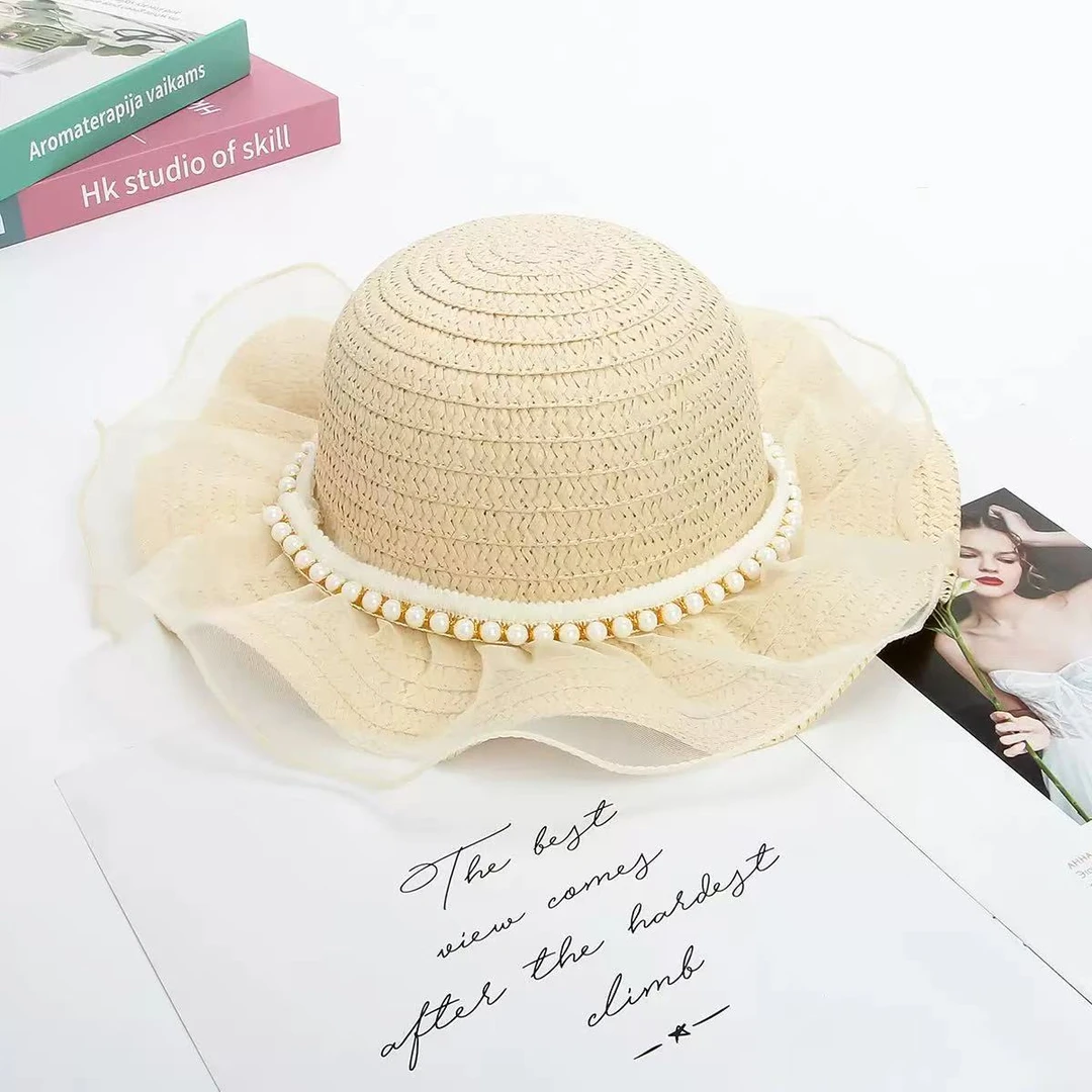 女童珍珠凉帽草帽女宝宝夏款遮阳帽