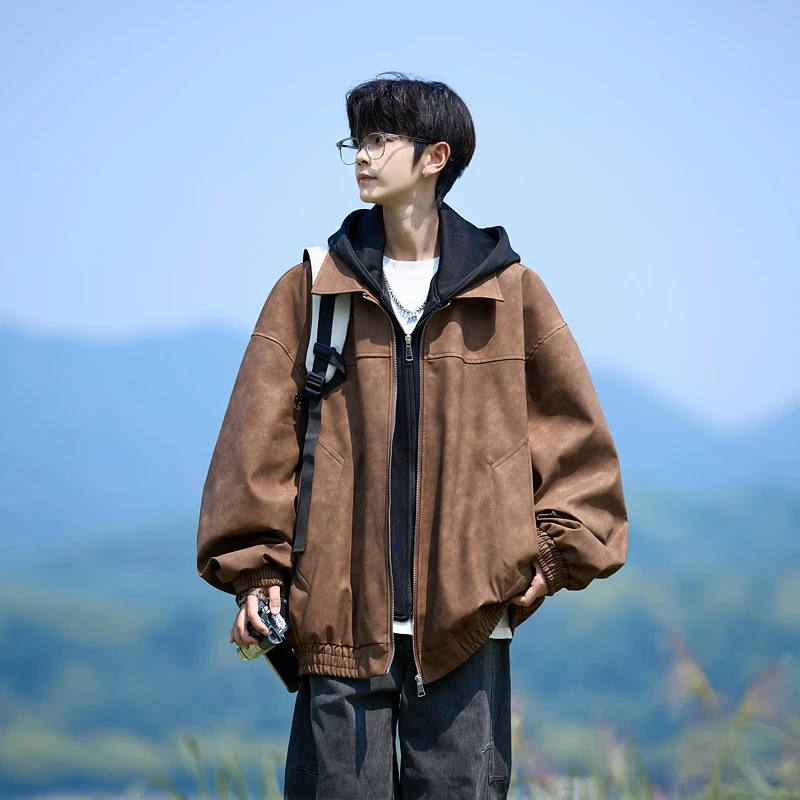 春秋季新款青少年男休闲连帽大码假两件皮衣学生潮流帅气夹克外套