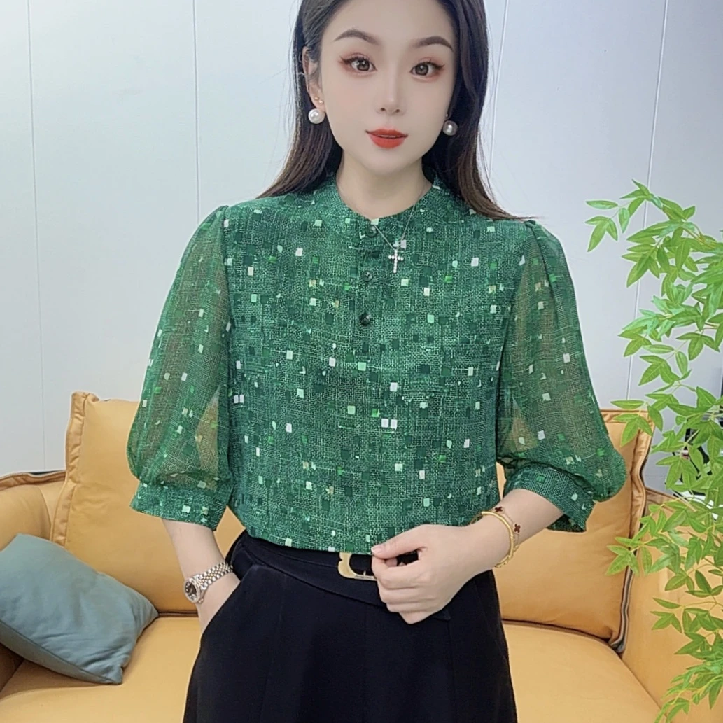 夏季新款七分袖小衫遮肉上衣娃娃领显瘦衬衫洋气百搭时尚减龄