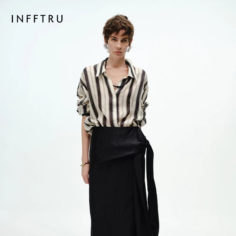 INFFTRU2025夏季新款条纹低领衬衫高级宽松舒适苎麻长袖上衣女装