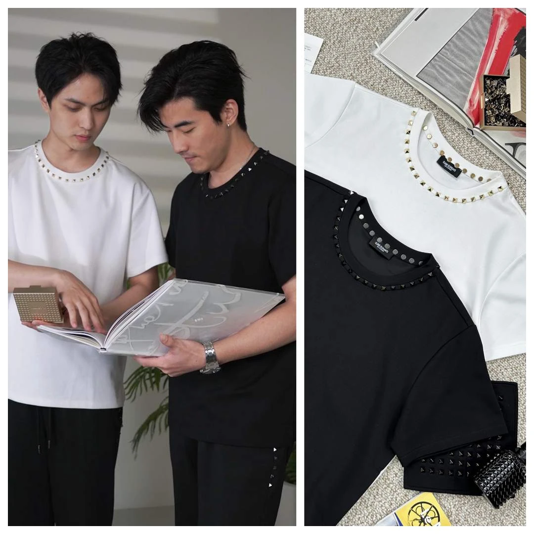 VLTN钻形铆钉短袖T恤 黄铜电镀铆钉空气层棉质莱赛尔 25走秀新款