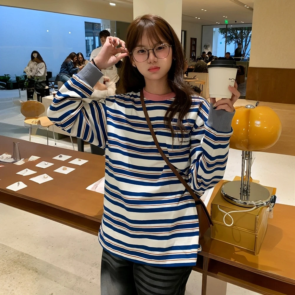 春秋条纹圆领长袖T恤女正肩秋2025韩系宽松打底chic独特漂亮上衣