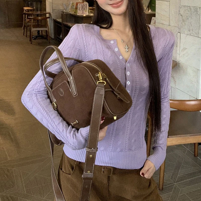 【丁香花】修身显瘦百搭气质法式针织衫女2025秋季新款洋气紫色毛衣