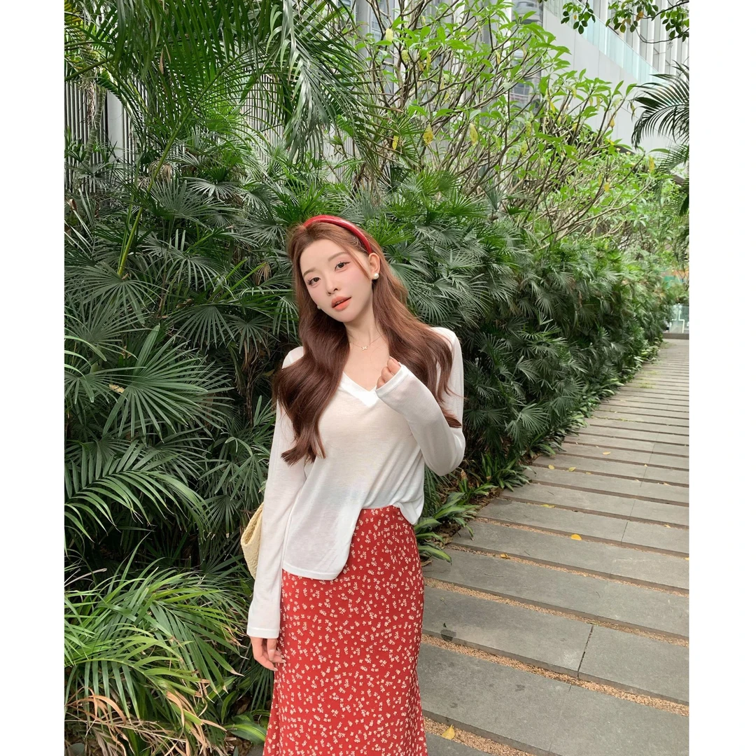 SZA【橘子汽水】夏季新款韩系百搭好看V领显瘦长袖T恤上衣A-1780