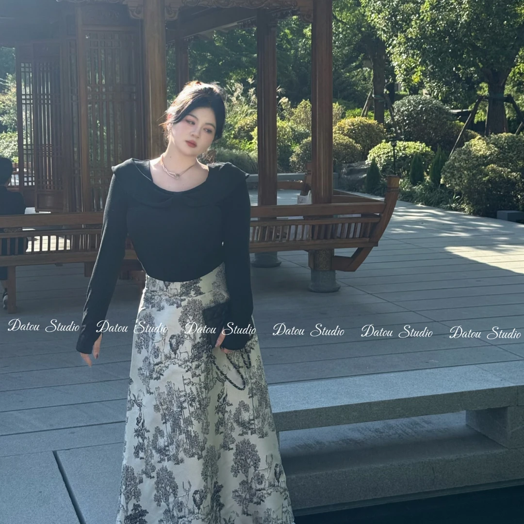 DATOO【山亭芭蕾】微胖大码法式气质黑色蕾丝上衣高腰A字半身裙套装