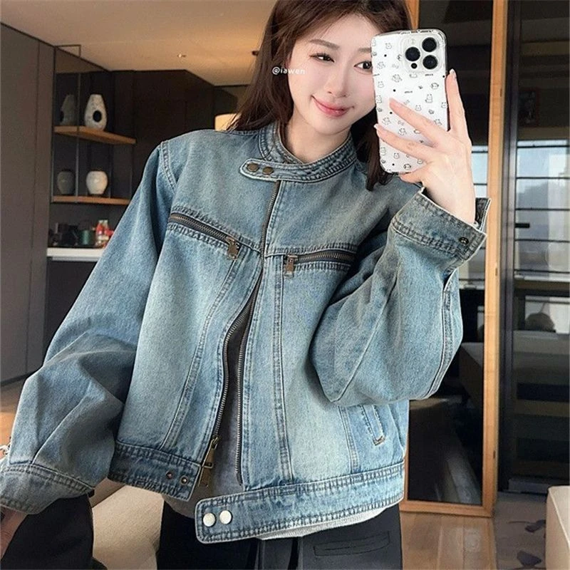 美式复古水洗立领牛仔外套春秋2025新款宽松短款夹克拉链上衣