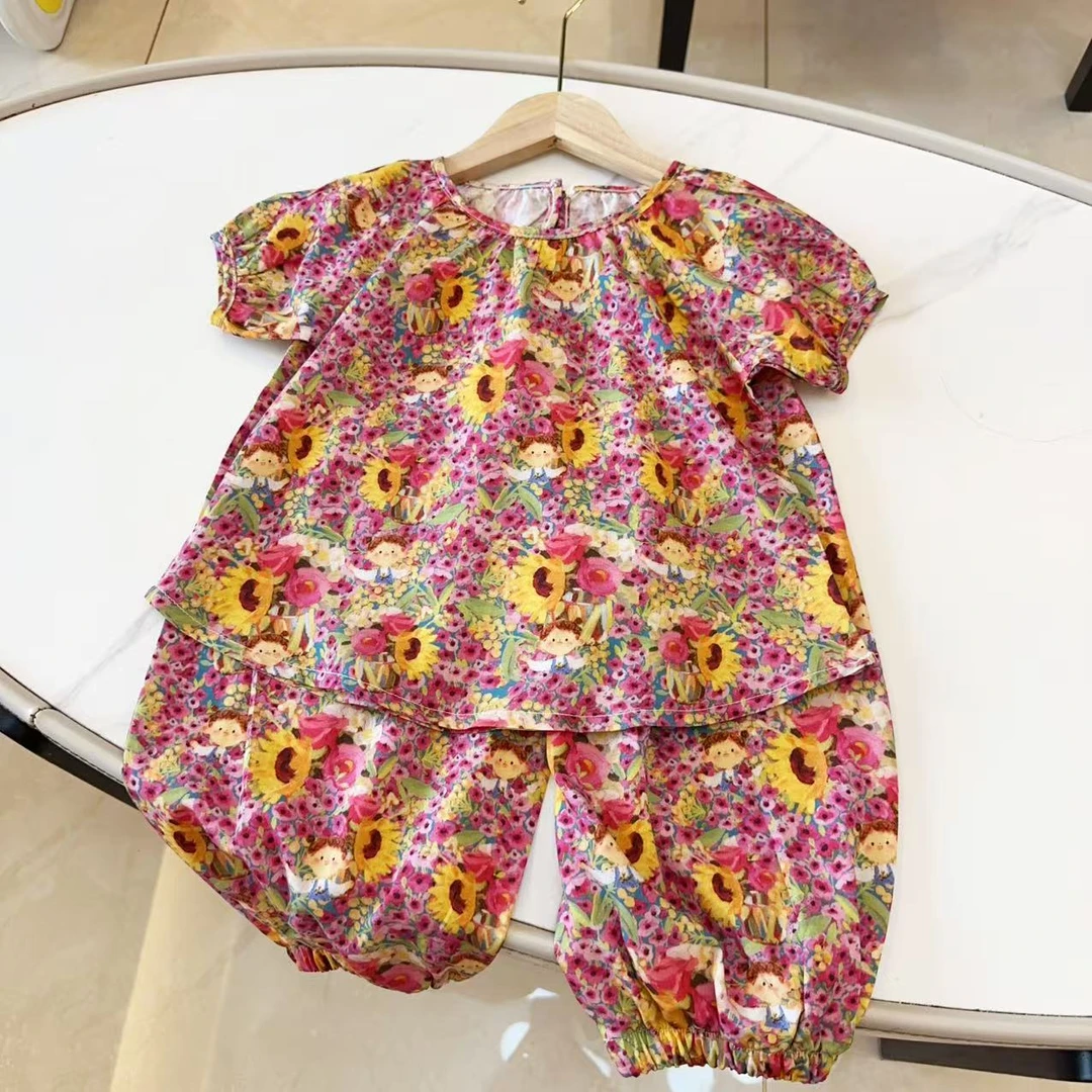 25溪满花棉绸亲子短袖套装2025夏季女童可爱短袖长裤套装